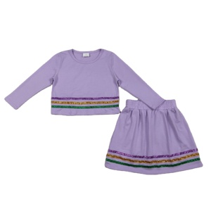 Ensemble 2 pièces pour petites filles Mardi Gras : Haut court en coton et élasthanne, short jupe doublé respirant, tenue brillante pour sœurs - Product Image 1