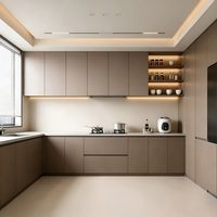Meubles de cuisine modernes en contreplaqué finition mate en forme de U, avec tiroirs et îlot central, portes vitrées claires, pour villa sur mesure