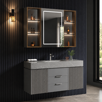 Meuble-lavabo flottant moderne de luxe gris cannelé avec vasque, miroir LED et rangement en verre pour projets hôteliers et d'appartements