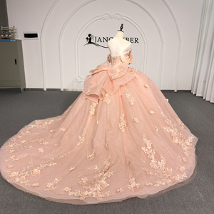 Robe de Quinceañera de luxe Xybb01-Pz rose pêche, buste drapé, corset perlé, appliques florales 3D, robe de bal scintillante Jancember - Product Image 4