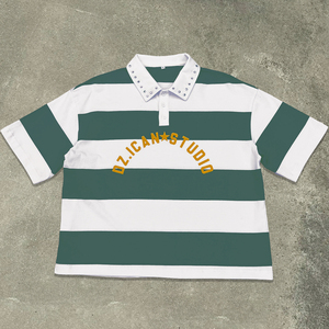 Camiseta recortada con hombros caídos de algodón 100% para hombre, ropa de calle, camiseta de gran tamaño a rayas, polos personalizados con diamantes de imitación de peso pesado - Product Image 5