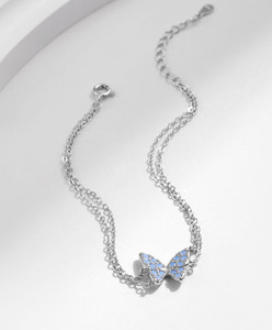 S925 Silver Butterfly Shape Chain <b>Bracelet</b> With Blue Crystal Inlay Rhodium Plated Cute Everyday Wear Women's Jewelry - Product Image 3
