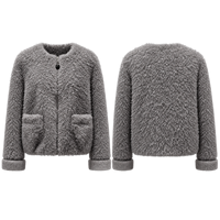 Veste en fourrure OEM grise sans col, à bouton unique, poches plaquées, en fourrure bouclée à poils longs, avec revers larges, coupe ample, pour style urbain automne-hiver