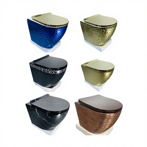 Vente en gros de toilettes suspendues au mur de couleur dorée Articles sanitaires Salle de bain Design moderne Wc P-trap <span class=keywords><strong>Toilette</strong></span> avec housse de siège noire - Product Image 1