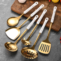 7 pièces d'ustensiles de cuisine en acier inoxydable avec manche en céramique poli miroir : écumoire, louche à soupe, cuillère à pâtes ajourée et spatule