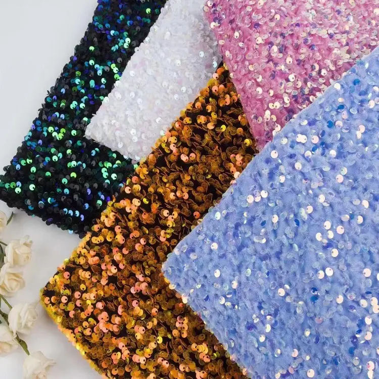 Sequin Vải Nhung Cầu Vồng Phụ Nữ Nhung Vải Ren Với Sequins Cho Đám Cưới Đảng Mẫu Sequin Trên Vải Nhung