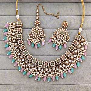 Indian Traditional Antique Gold Plated Kundan Choker Necklace <b>Set</b> Pastel MIX Gemstone Bead Bridal Jewelry <b>Set</b> with Earring - Product Image 1