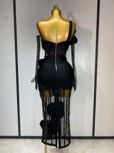 Abito Bodycon da Donna <span class=keywords><strong>con</strong></span> Fascia, Monospalla, Fiocco, Rete Trasparente, Nero, Senza Maniche, <span class=keywords><strong>con</strong></span> <span class=keywords><strong>Guanti</strong></span>, Elegante per Feste e Compleanni, <span class=keywords><strong>Vestito</strong></span> Sexy - Product Image 6