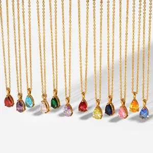 High End 18K Gold Plated December Birthday Zircon Stainless Steel Drop Shaped Pendant Birth Stone Necklace For Women