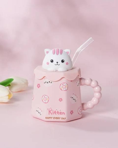 RTS Hot Sale Wholesale High Appearance Level Cartoon Sippy Cat Panda Bear Rabbit Ceramic Mug With Lid Gift Cup Handmade Cute