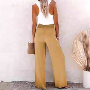 Pantalon long décontracté taille haute boutonné en lin et coton pour femme, grande taille, smocké, élastique, respirant, séchage rapide, collection Printemps 2026 - Product Image 4