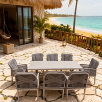 Ensemble d'extérieur de style plage gris clair X Base Table Chaises tissées avec coussins Mobilier côtier Couleurs et styles personnalisés