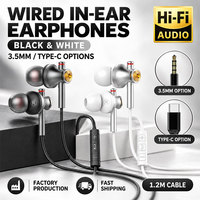 Écouteurs HiFi filaires semi intra-auriculaires avec boîtier en plastique, contrôle intégré, micro, câble de 1,2 m, prise plaquée or 3,5 mm, option Type-C