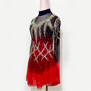 Personnalisé noir rouge dégradé robe <span class=keywords><strong>de</strong></span> danse filles à manches longues dentelle Sequin <span class=keywords><strong>Mini</strong></span> danse enfant strass cristal robe patinage artistique - Product Image 3