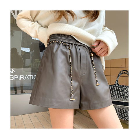 3651 Spring New Trendy Waist Drawstring a Line Wide Leg Loose Plain Short Real Leather Shorts Casual