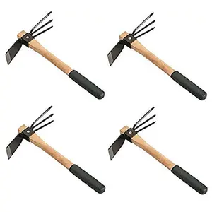 Double - use Three-tooth Rake Hoe Burr - free Polished Surface Spray Paint Rust - resistant Wood Handle Fork Hoe Garden Tools