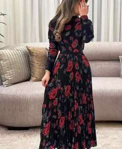 厂家直销数码印花女式优雅玉米粒褶连衣裙立领宫崎褶皱弹力长袖连衣裙 - Product Image 1