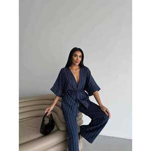 Conjunto de Kimono a Rayas Azul Marino para Mujer, Talla S, Pantalones Anchos, Ropa Cómoda para Estar en Casa - Product Image 2