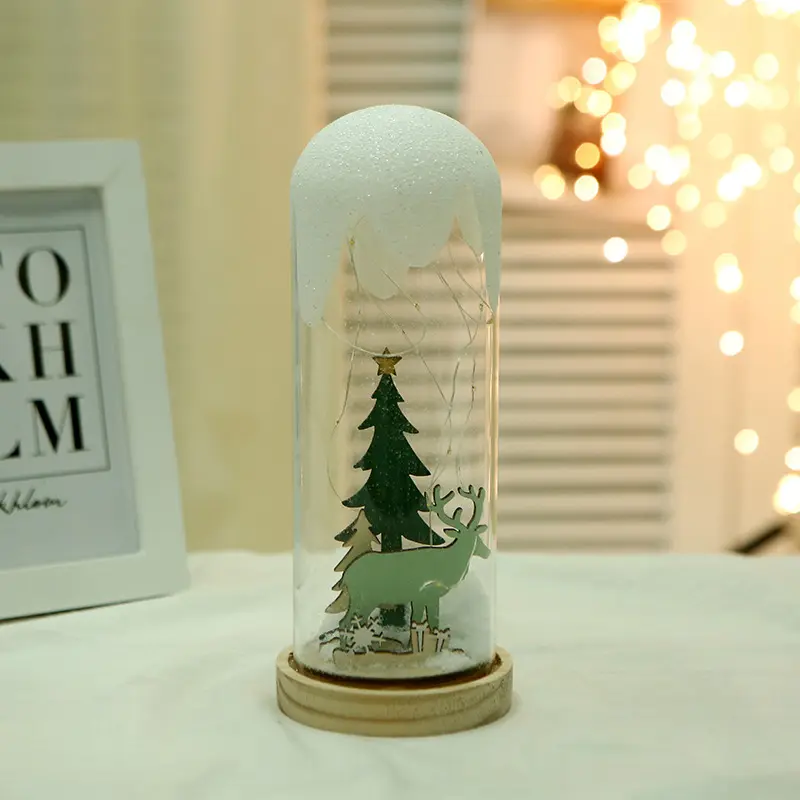 Newish ตกแต่งคริสต์มาสแก้วโดมฐานไม้ศิลปะหัตถกรรมของขวัญตกแต่งต้นคริสต์มาสหิมะไฟ LED พร้อมแบตเตอรี่ดําเนินการ