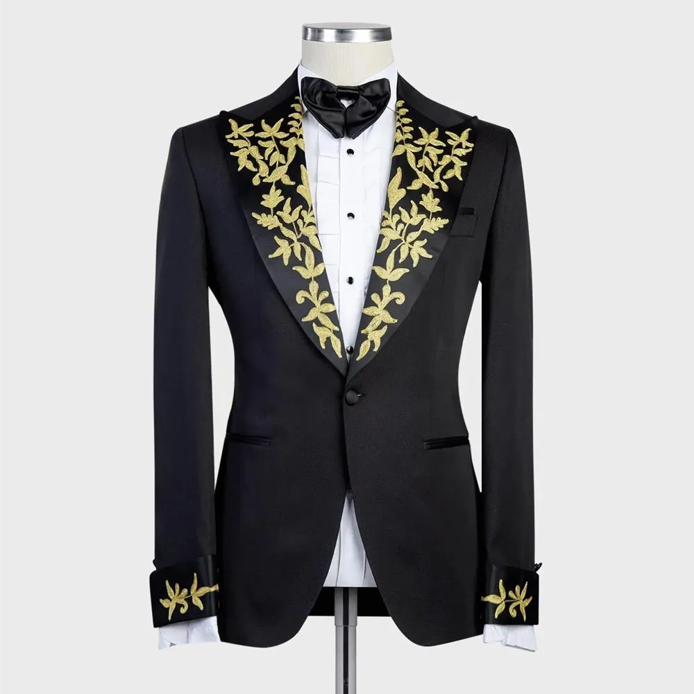 Black Gold Appliqued Wedding Tuxedos - Slim Fit Mens Suits
