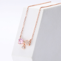 Collier en or Rose à la mode, belle couleur, collier à breloques en zircon, nœud en pierre, pendentif double cœur
