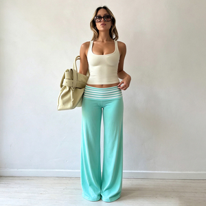 Pantalones Casuales Rectos de Pierna Ancha con Bloques de Color y Cintura Plegable, Estilo Y2K, Versátiles, con Rayas Verde Menta y Diseño de Parches, para Principios de Otoño - Product Image 5