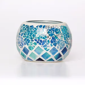 Blue Square & Crackle Glass Piece Handmade Inlayed Mosaic Craft Candle Holder Votive Centerpiece Tealight Lighting Decoration