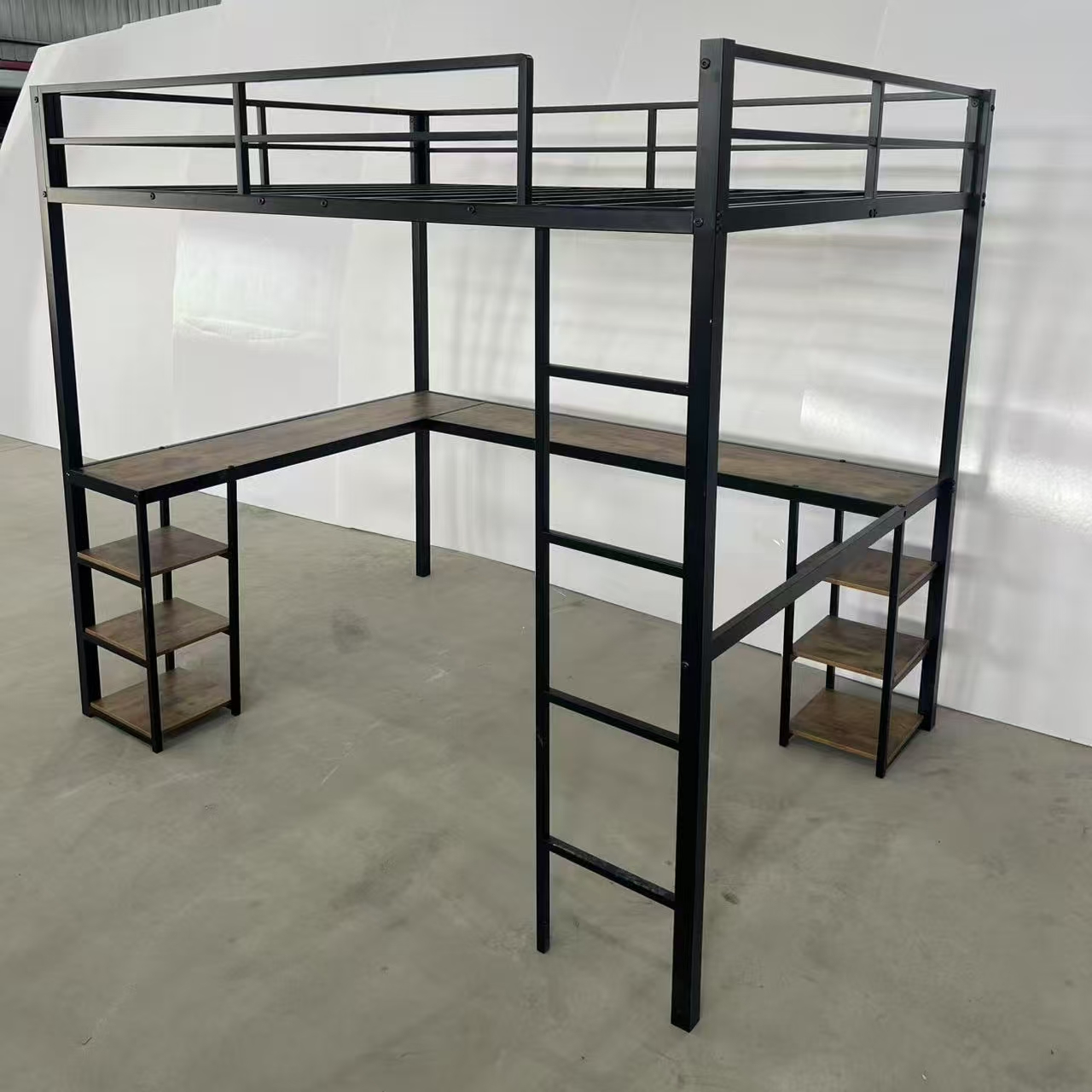 full size metal loft bed with l shape desk