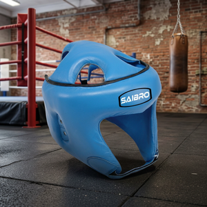 Protège-tête de boxe en cuir de vachette bleu clair avec logo personnalisé, en cuir véritable, pour entraînement de Taekwondo, motif imprimé en PU, personnalisable - Product Image 3