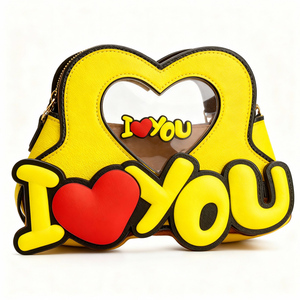 <b>Yellow</b> Heart Shaped I Love You Ita <b>Bag</b> Customizable PU Crossbody Purse with Clear Window for Pin Display Cute Gift - Product Image 3