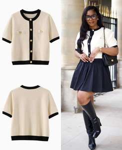 Cardigan in Maglia a Maniche Corte 100% Poliestere Primavera Estate 2026 Nuovo con Bottoni Dorati Stile Classico Old Money Maglioni da Donna - Product Image 1