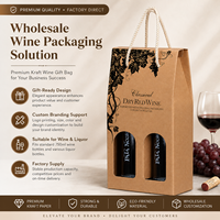 Sac cadeau élégant en papier kraft pour deux bouteilles de vin avec poignée en corde et fenêtre de présentation, emballage personnalisé en gros pour les vignerons