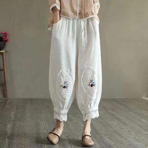 Cotton Linen Lantern Pants Beige Embroidered <b>Lace</b> Trim Loose Fit <b>Elastic</b> Waist Casual Harem Pants Cropped Women's Pants - Product Image 2