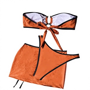 Ensemble bikini bandeau froncé pour femme, 2 pièces, orange uni, avec bas de maillot extensible à jupe et découpes, coupe classique - Product Image 6