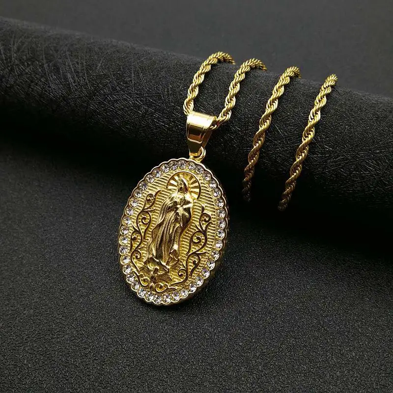 Fashion Jewelry Maria Virgin Mary Charms and Rope Chain Necklace Gold Plated Stainless Steel Mother Mary Pendant Necklace