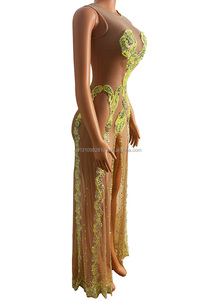 Costume nightclub bar <span class=keywords><strong>cantante</strong></span> femminile piena di gonna lunga a fessura in prospettiva a rete di diamanti - Product Image 2