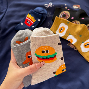 Crew <b>Socks</b> Women Cartoon Snack Pattern Mid Calf Breathable Sweat Absorbing Regular Casual <b>Socks</b> With Fried Egg Burger Fries - Product Image 3