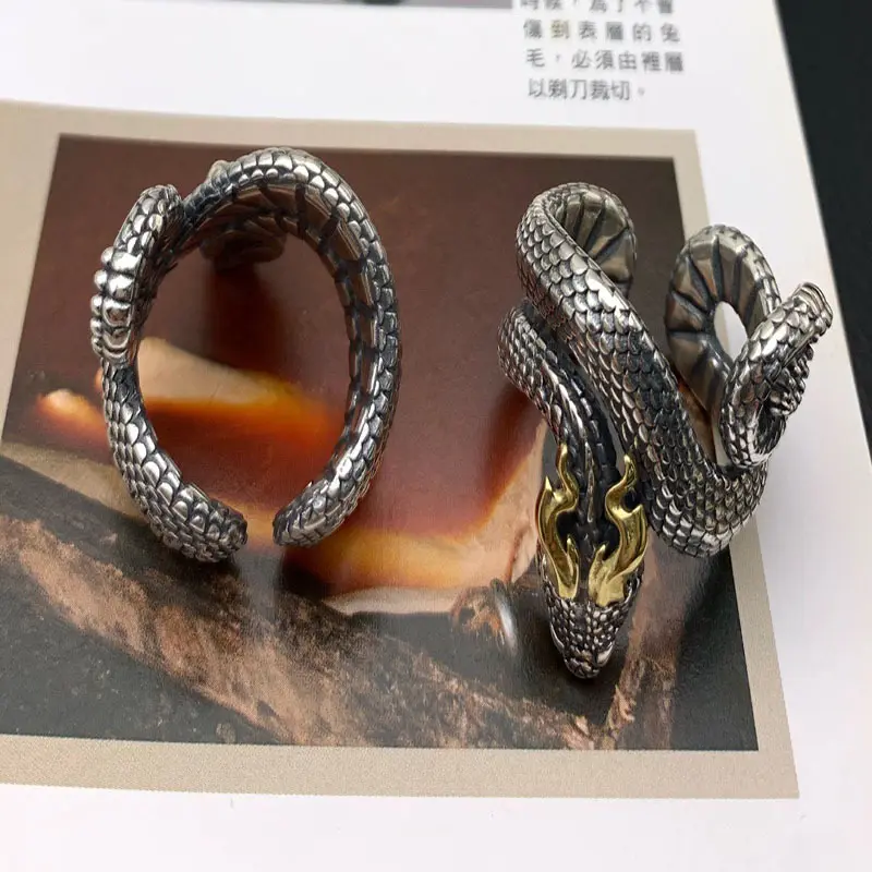 HELE OEM new store opening Real S925 Sterling Silver Ring Jewelry Retro Cobra Design Ring For Men's Boy Ring