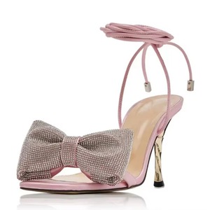 Light Pink Satin Square Toe 4'' Stiletto Heel Glitter Lace up <b>Sandals</b> - Product Image 4