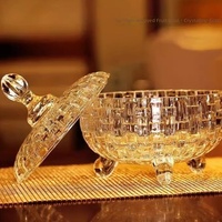 Pot à bonbons en verre cristal sans plomb, de luxe européen, gaufré, avec couvercle à bascule, sucrier, base trépied, boîte à bijoux décorative vintage