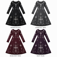 Robe trapèze décontractée pour femme à manches longues, imprimé croix gothique sombre, bordure en dentelle florale vintage
