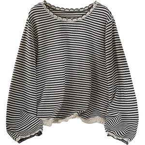 Camiseta de Manga Larga a Rayas para Mujer, Talla Grande, Estilo Batwing, Tejido de Algodón, con Borlas en el Bajo, Informal, para Otoño - Product Image 1