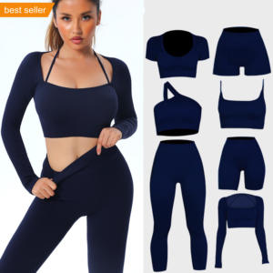 <span class=keywords><strong>2022</strong></span> Logo personnalisé sans couture 6 pièces vêtements de Yoga actifs costume de sport Leggings tenues d'entraînement côtelé Gym Fitness ensembles pour les femmes - Product Image 1