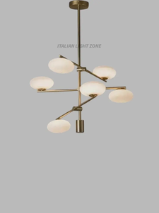 Lustre Sputnik en laiton de style mid-century, 6 lumières, globe en verre blanc Stilnovo, luminaire suspendu pour salon - Product Image 3