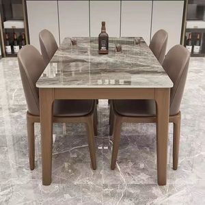 Tavolo da Pranzo Moderno Rettangolare Allungabile <span class=keywords><strong>per</strong></span> 6-8 Persone, Facile da Pulire, Finitura Lucida, Piano in Pietra Sinterizzata, <span class=keywords><strong>Gambe</strong></span> in Legno <span class=keywords><strong>per</strong></span> Hotel - Product Image 3