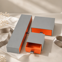 Boîte cadeau à tiroir coulissant en papier pour cosmétiques, vente en gros, gris mat extérieur, orange intérieur, avec ruban de traction, OEM ODM