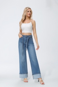 Jeans a Vita Alta e Gamba Larga con Dettagli in Paillettes Vestibilità Comoda Lunghezza Intera in Cotone Stonewashed Stile Casual - Product Image 1