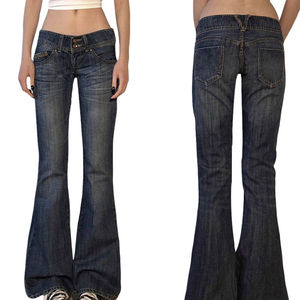 Jean Skinny Bleu Vintage Taille Basse avec Patchwork Tissé, Broderie Logo Personnalisé, Respirant, Écologique, Boutonné, Pantalon Femme - Product Image 1