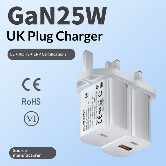 25W GaN Fast Charger EU US UK Plug Dual Port USB C and USB a Wall Charger CE RoHS ERP Certified Power Adapter for iPhone Samsung