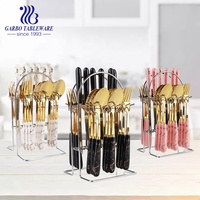Promotion Couverts Fourchette Couteau Cuillère Ensemble 24pcs Marbre Design Luxe Céramique Poignée PVD Doré Royal Couverts Ensemble avec Support en Fer